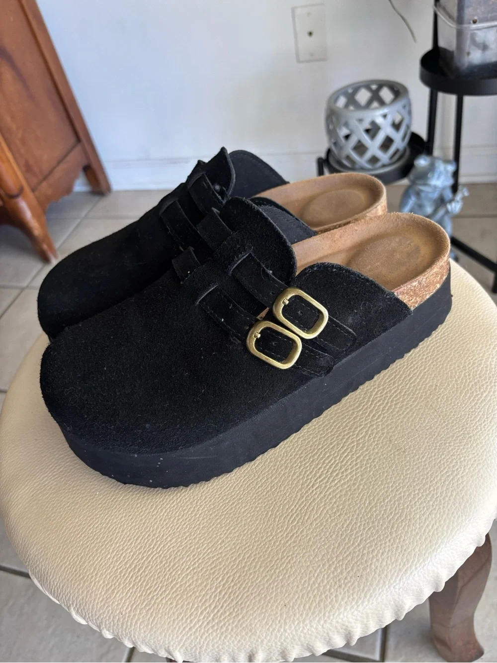 Women Black Suede Slip-On Clog with Dual Gold Buckles